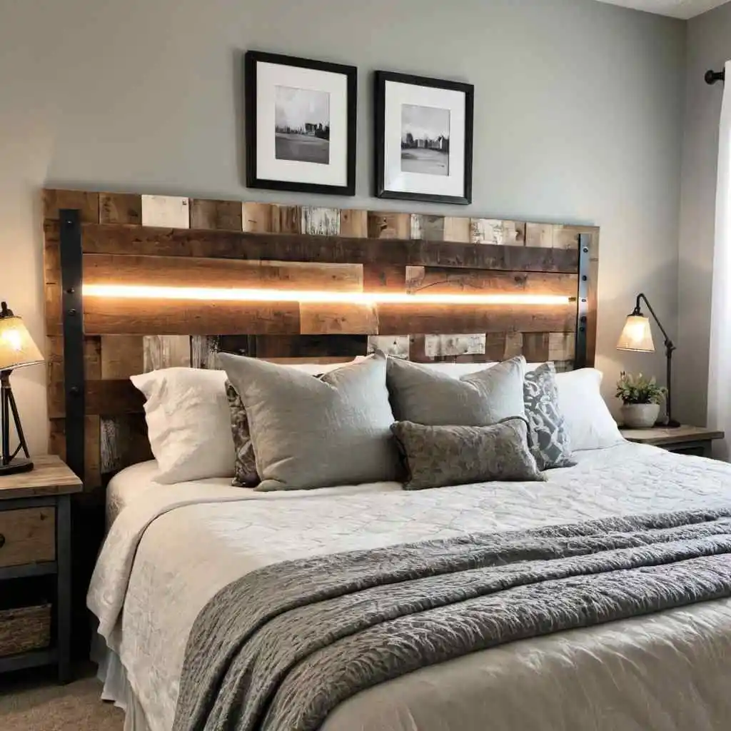 Reclaimed wood headboard with metal accents home bedroom refresher