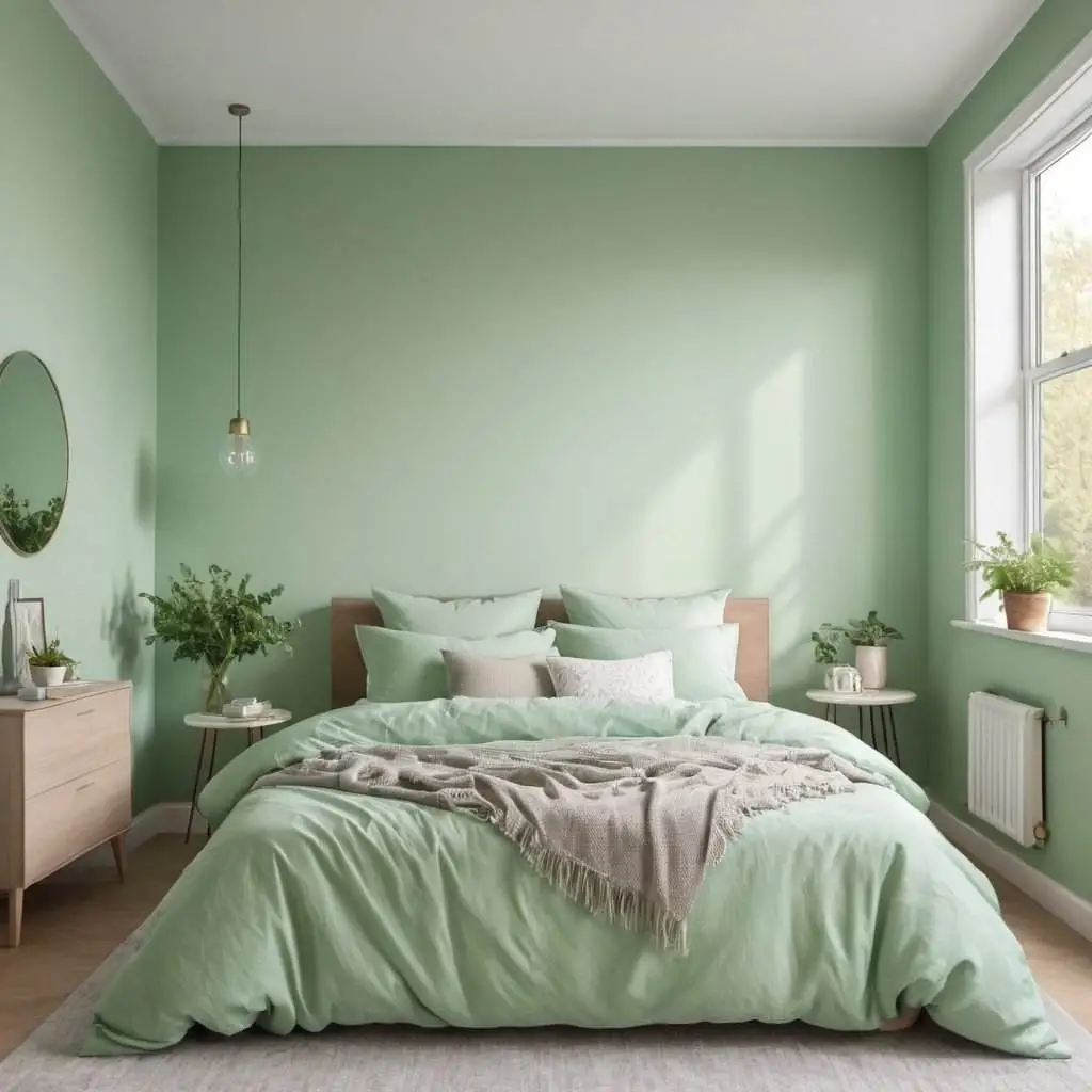 Soft green walls and mint green bedding in home bedroom refresher