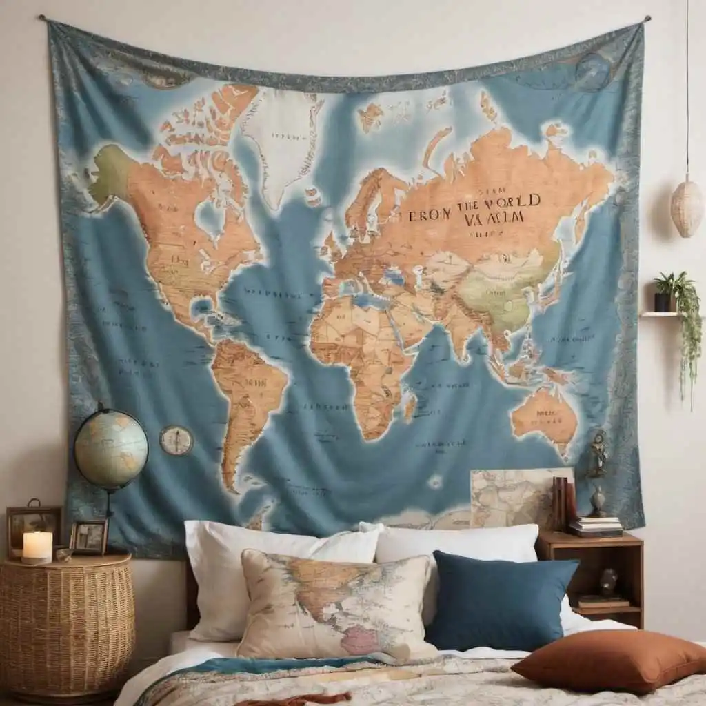 Tapestry featuring world map with travel essentials home bedroom refresher