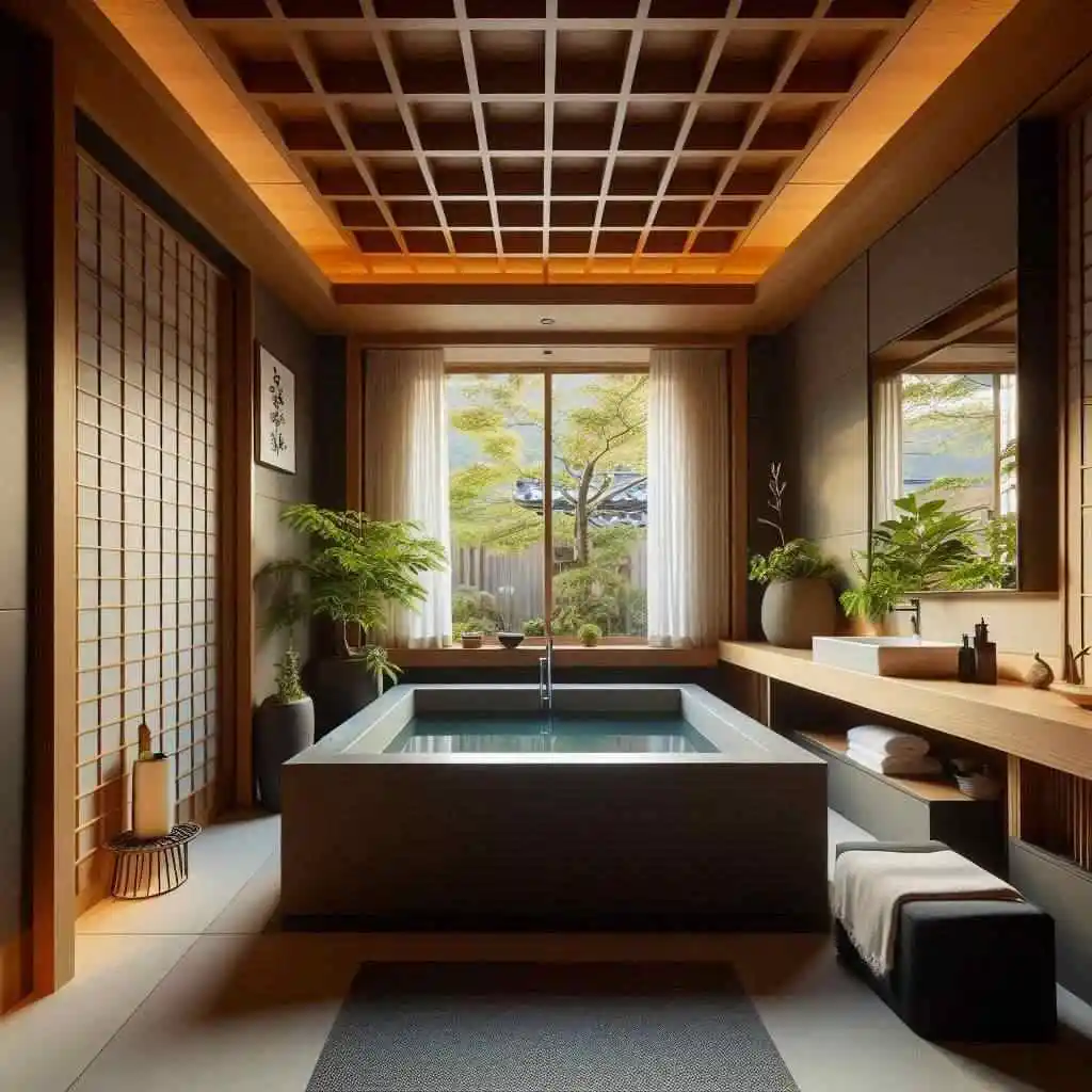 japandi bathroom with soaking tub
