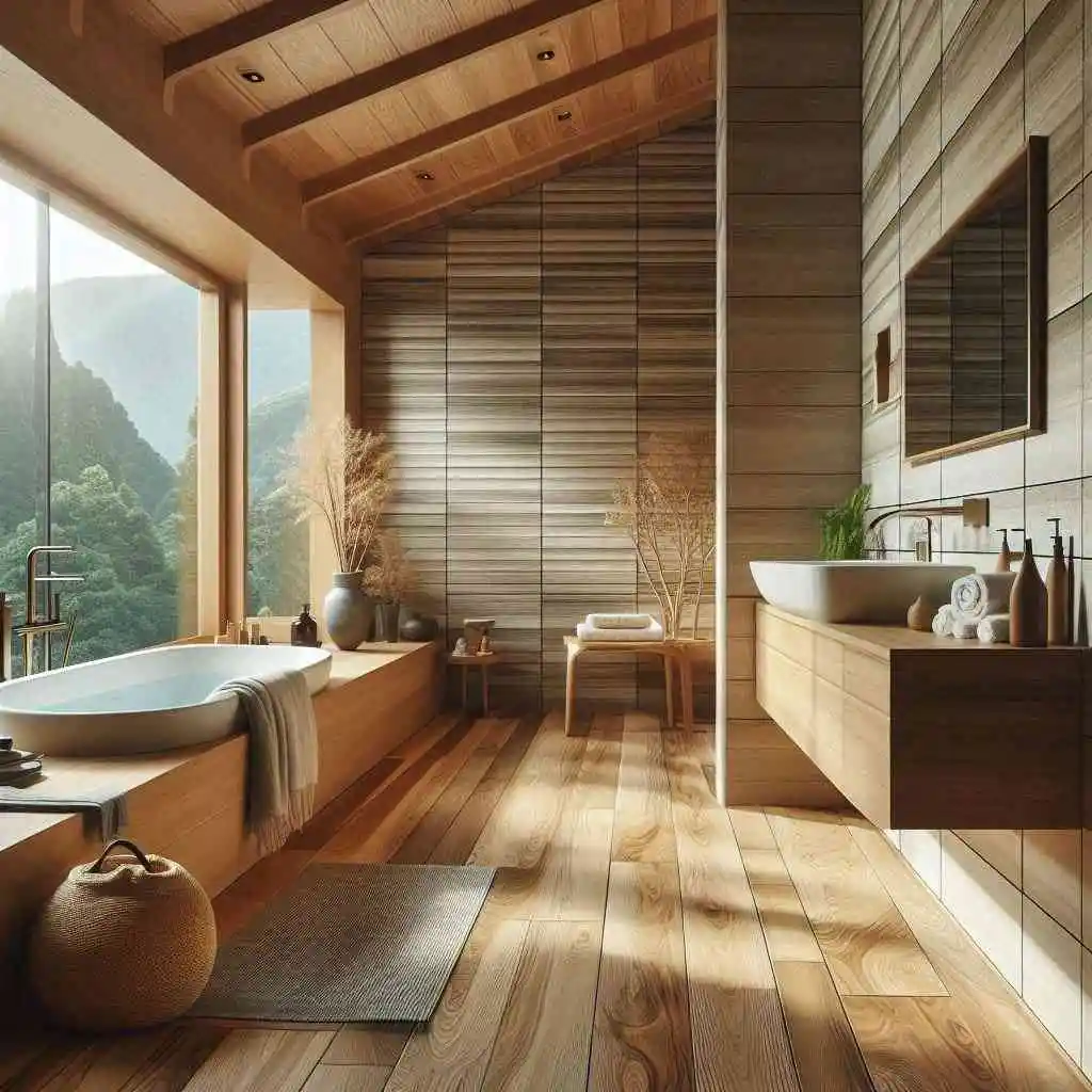japandi bathroom with wood look tiles