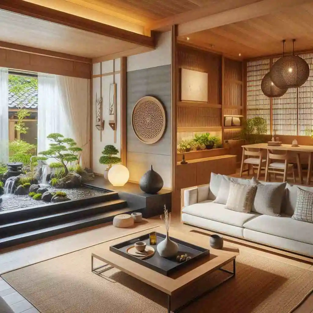 japandi living room with indoor water fountain
