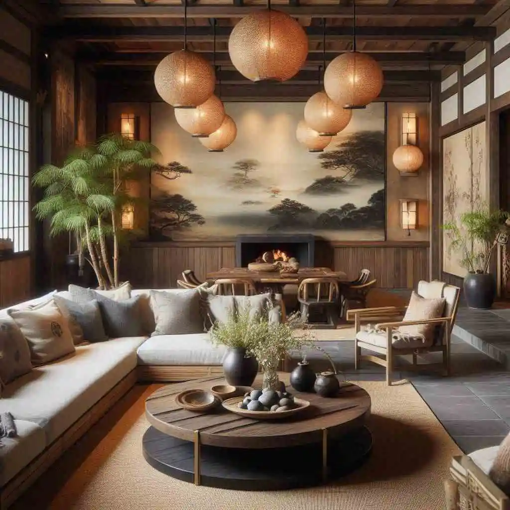 japandi living room with natural patina