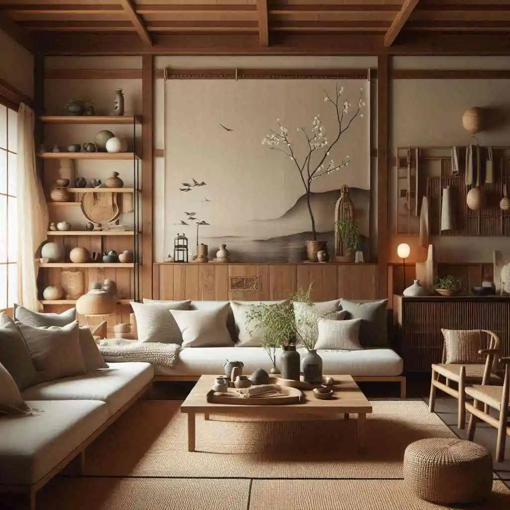japandi livingt room with floating shelves