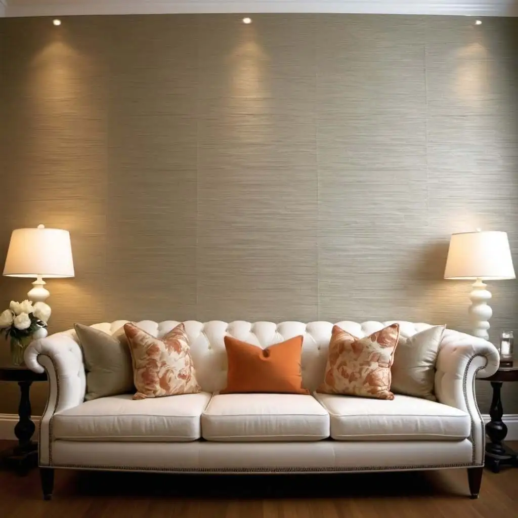 Sofa back wall with grasscloth wallpaper