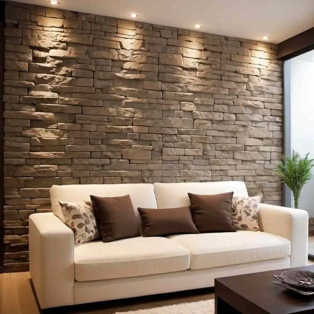 Sofa back wall with stone cladding