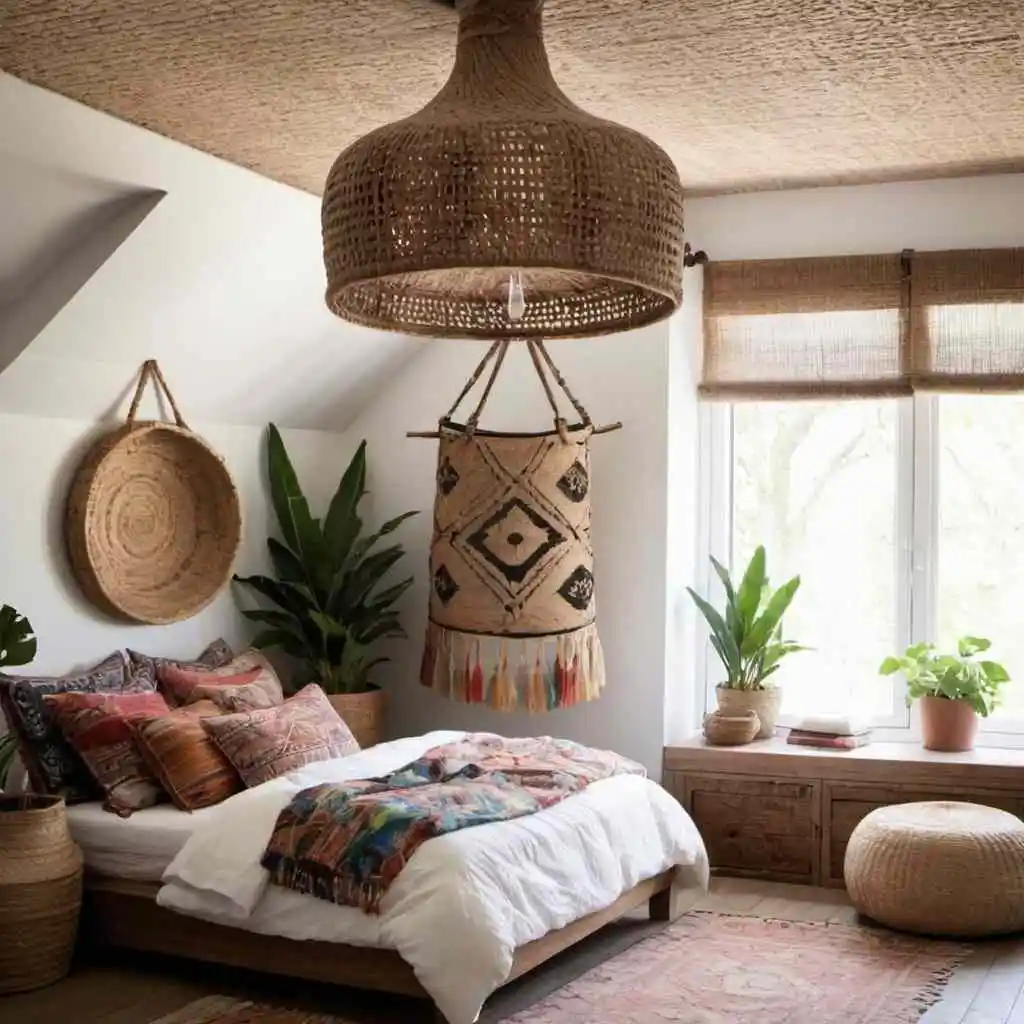 Woven Basket ceiling fixture in boho bedroom