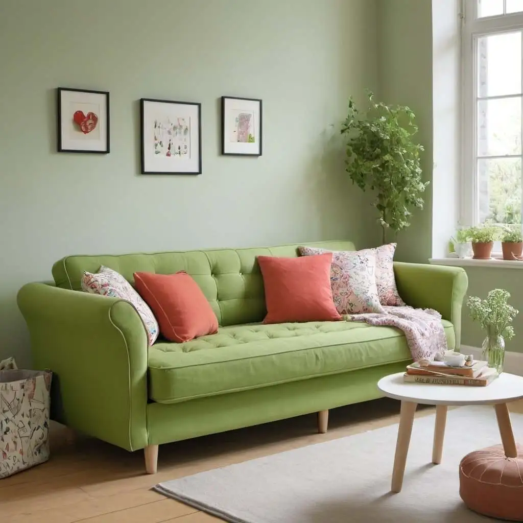 pea green sofa bed in living room