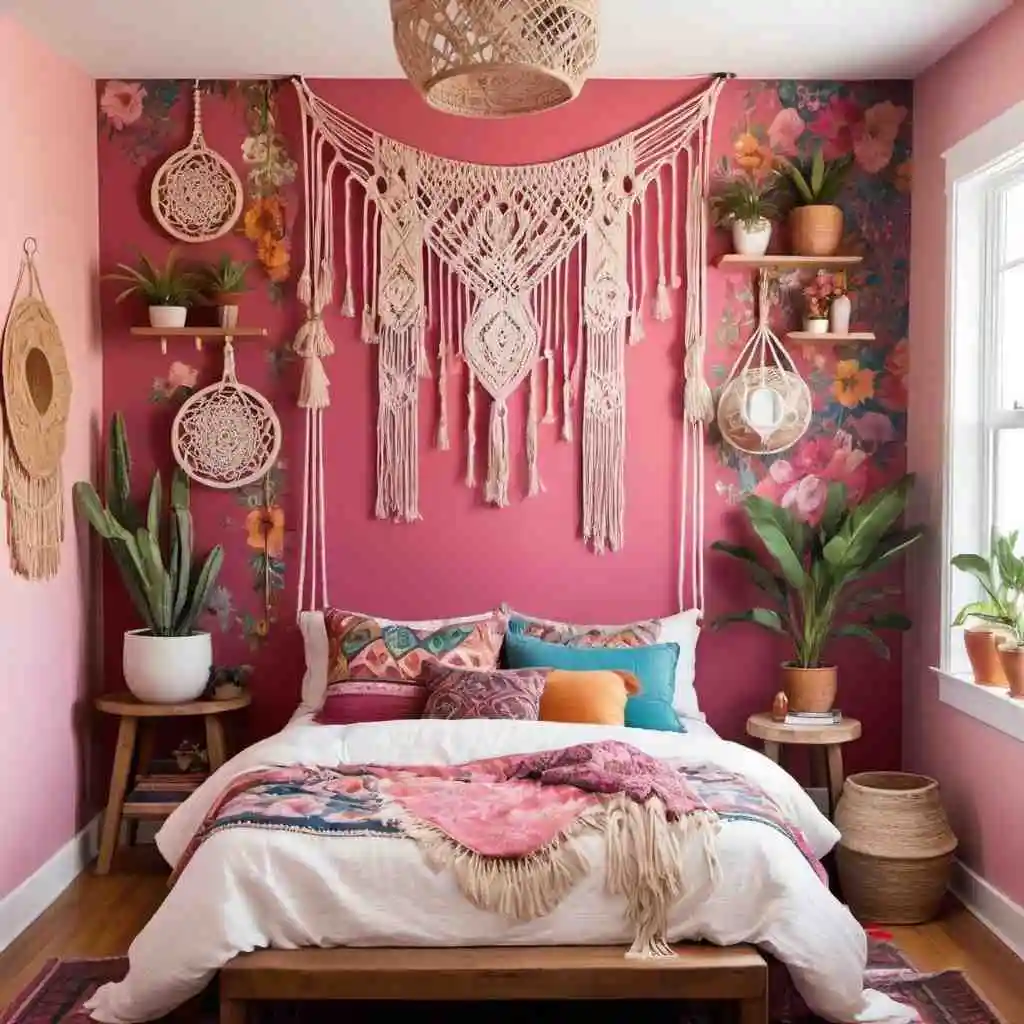 Bohemian Dream in pink wallpaper background in bedroom