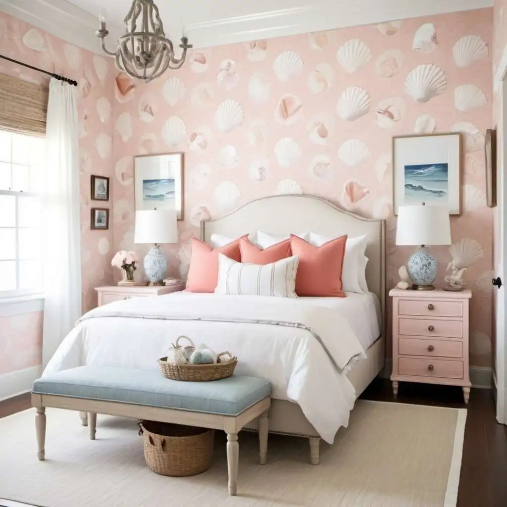 Coastal Chic pink wallpaper background in bedroom