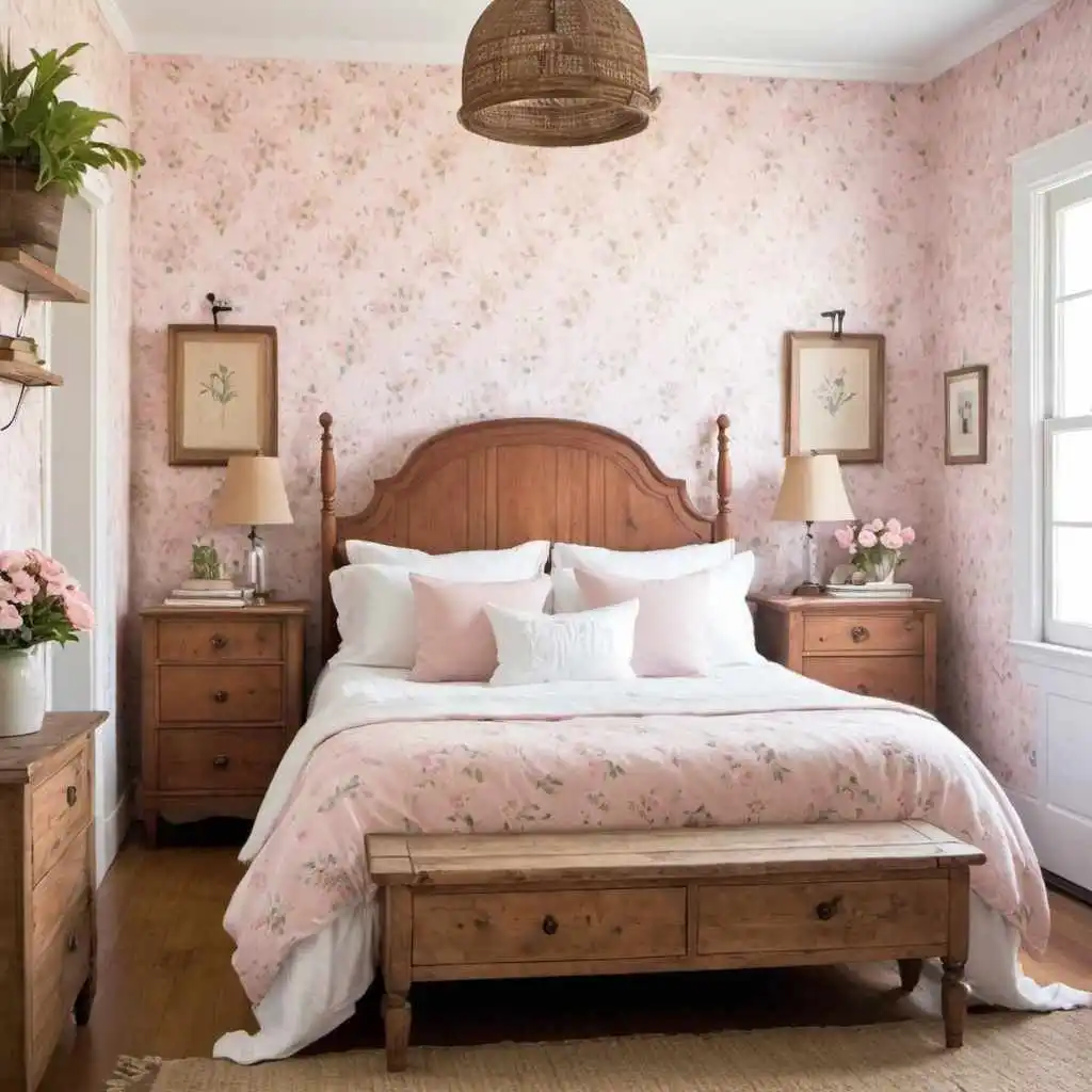 Cottagecore pink wallpaper background in the bedroom