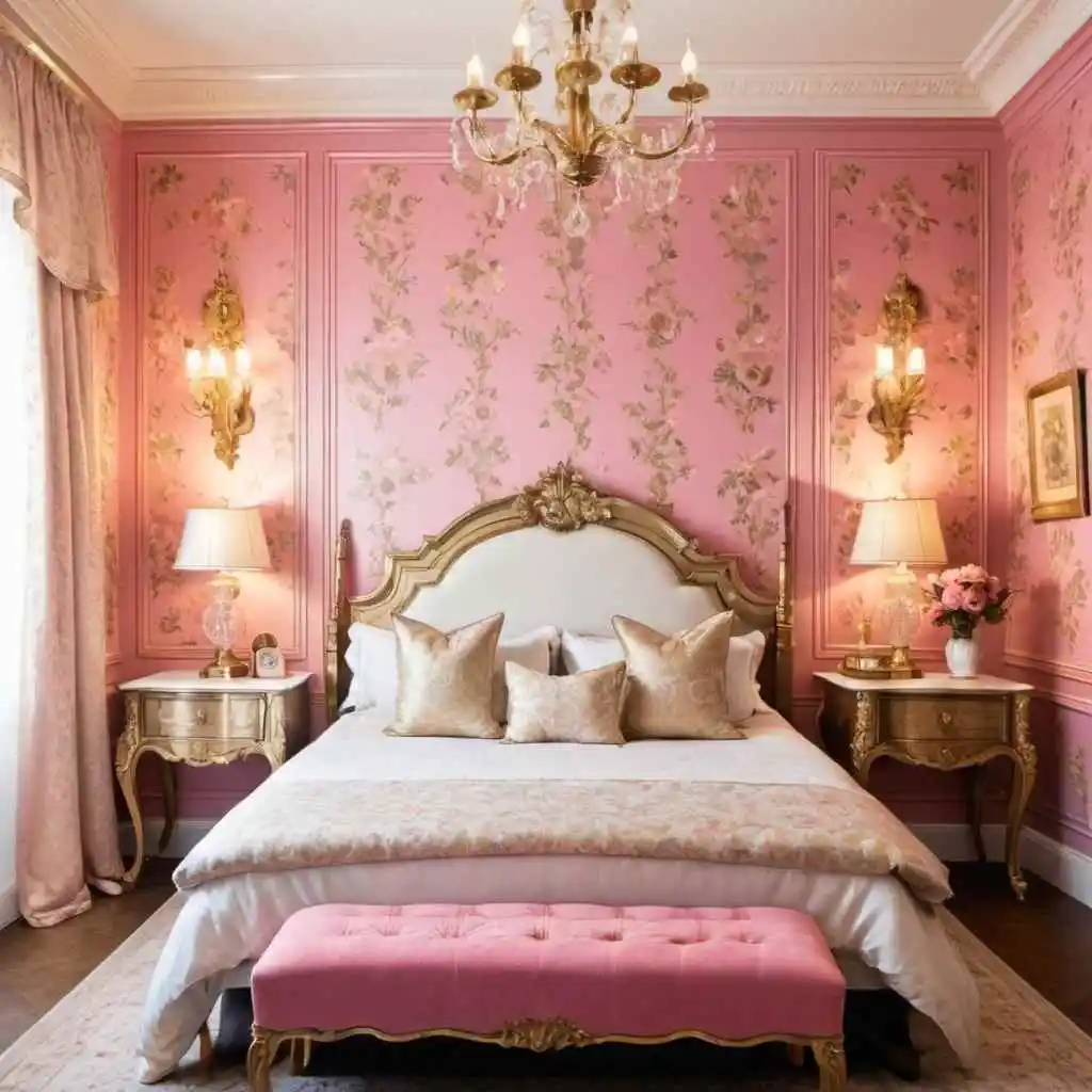 Floral Wallpaper with Gold Accents pink wallpaper background in the bedroom