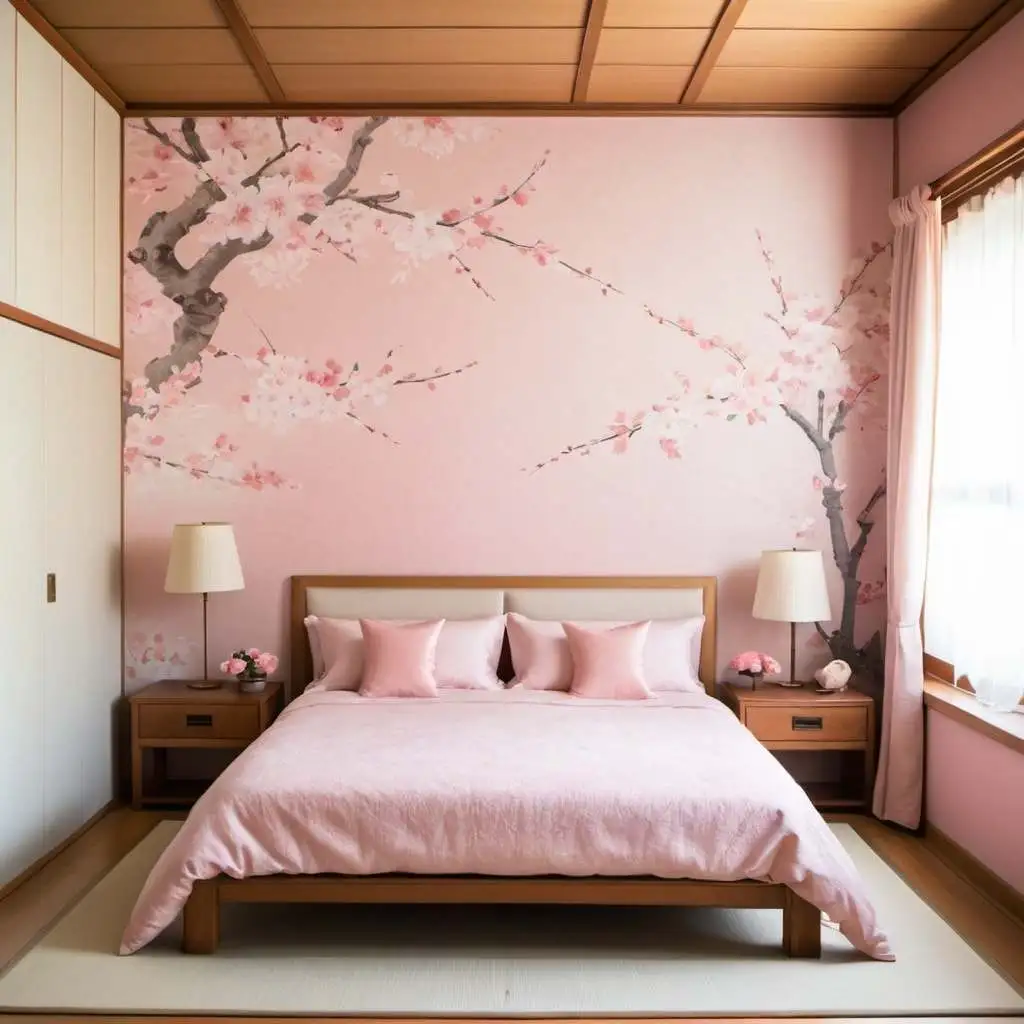 Japanese Inspired pink wallpaper background in the bedroom