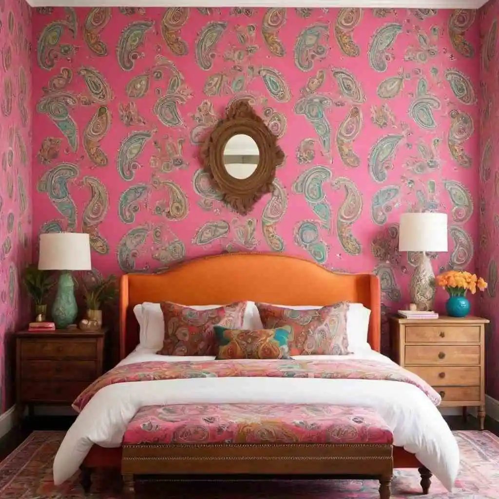 Paisley Pattern pink wallpaper background in the bedroom