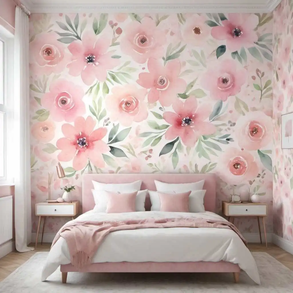 Pink Watercolor Floral Wallpaper pink wallpaper background in the bedroom