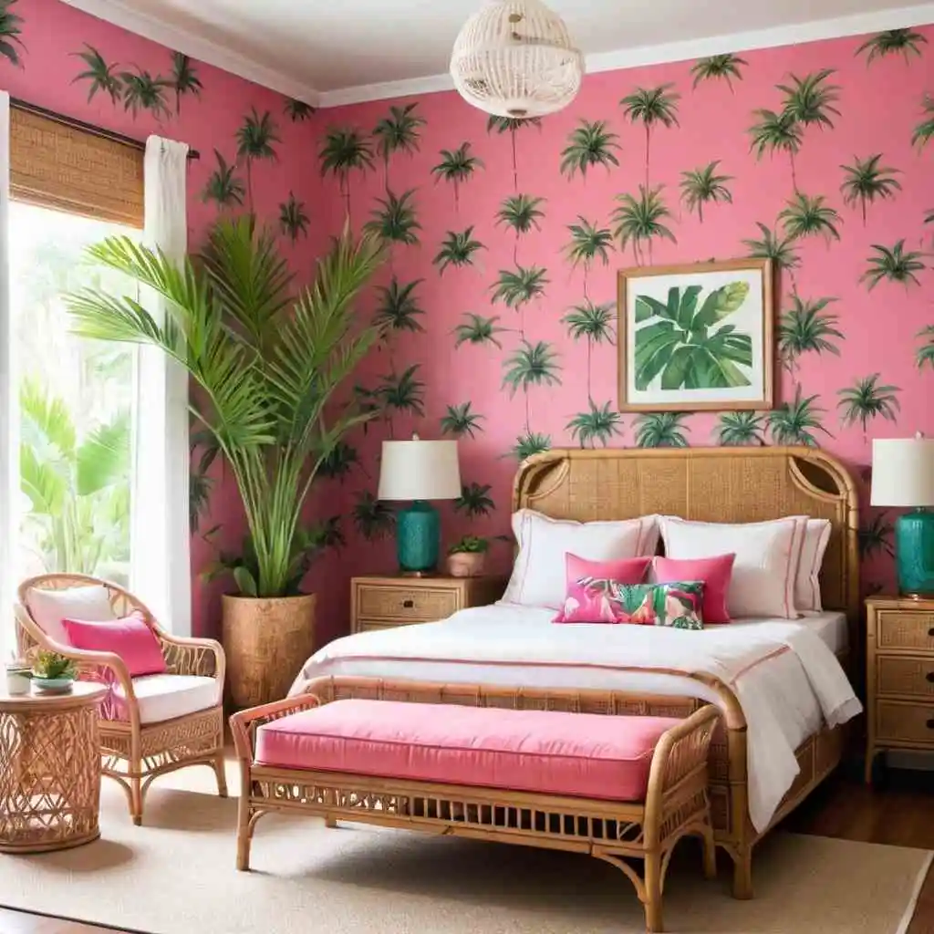 Tropical Paradise pink wallpaper background in the bedroom