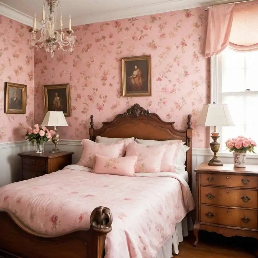 Vintage Chic pink wallpaper background in bedroom