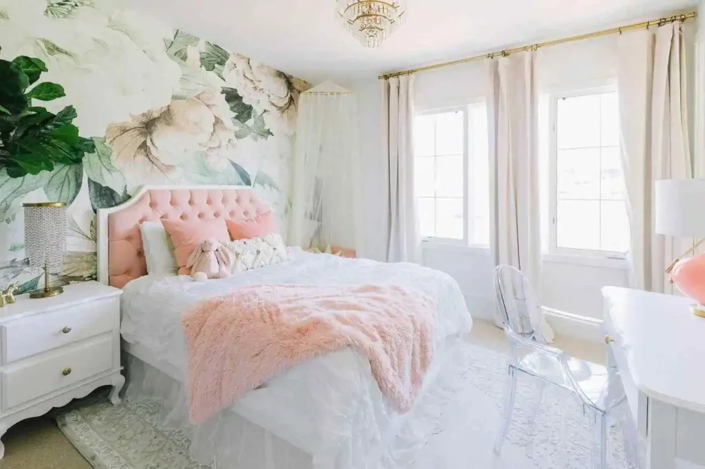 airy teen girl bedroom in a white palette