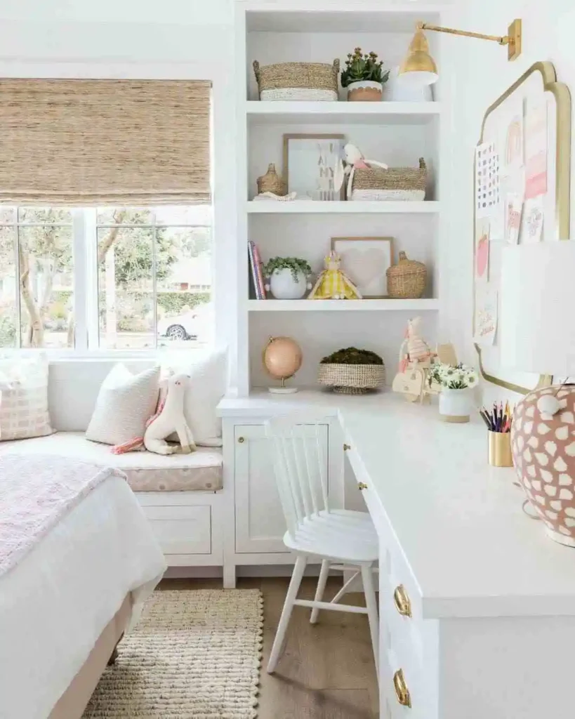 bedroom with a spacious desk in teen girl bedroom