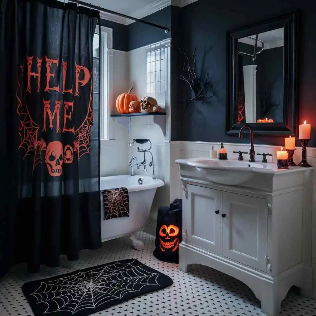 Help-me shower curtain Halloween bathroom decor