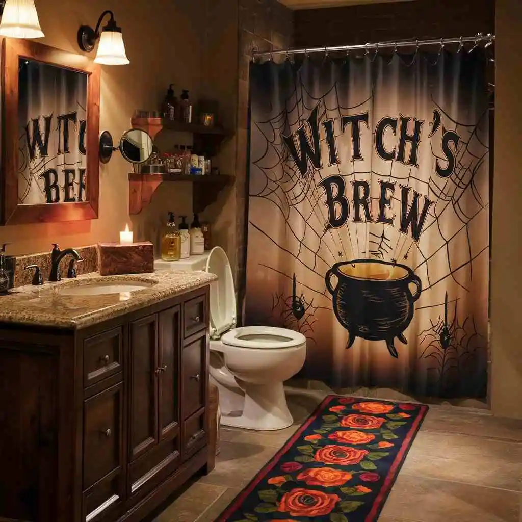 Witchy retreat shower curtain Halloween bathroom decor