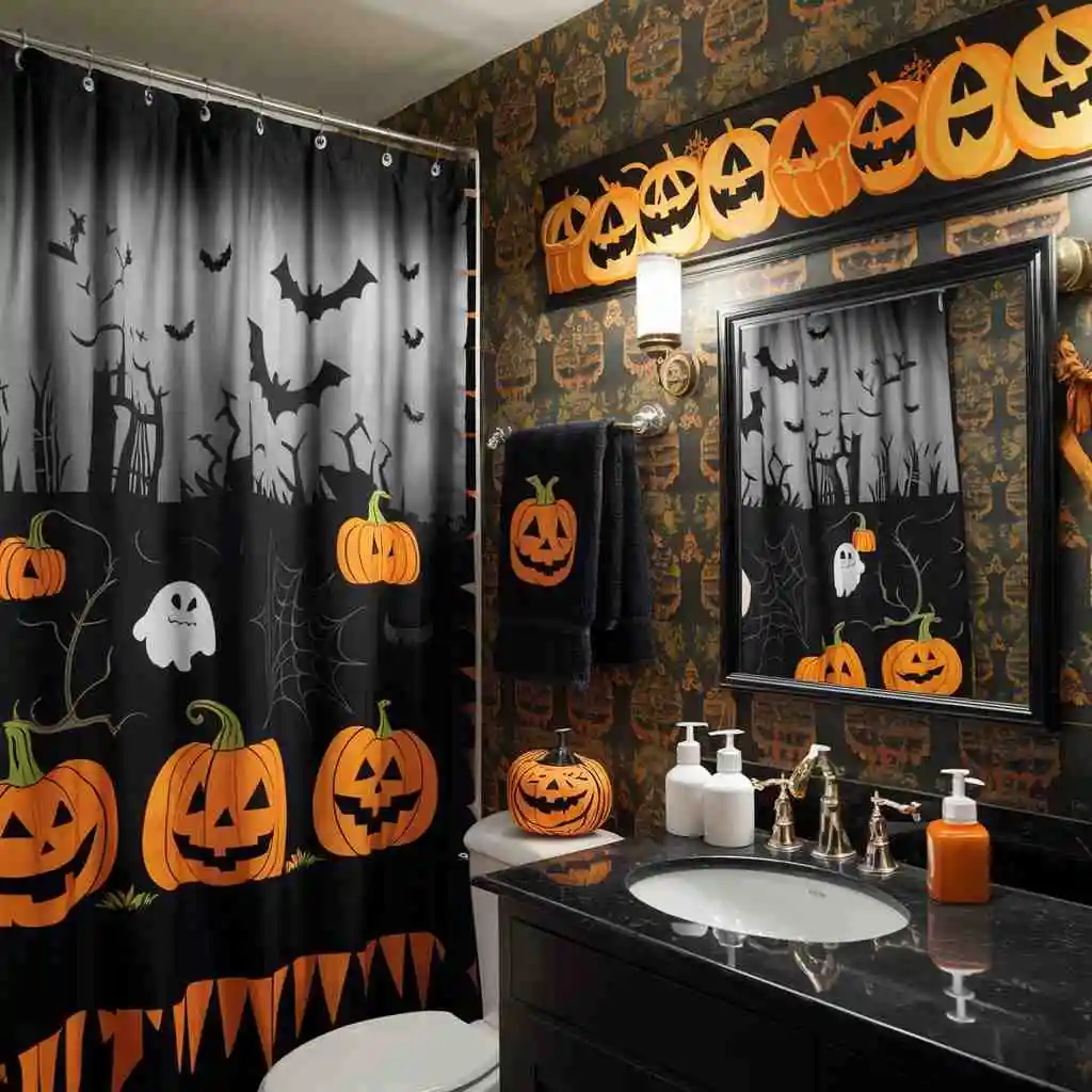 bath and pumpkin print wallpaper Halloween bathroom decor