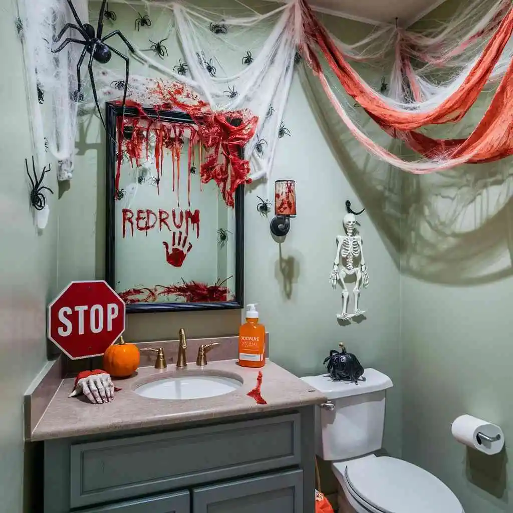 bathroom mirror with redrum message and stop sign Halloween bathroom decor