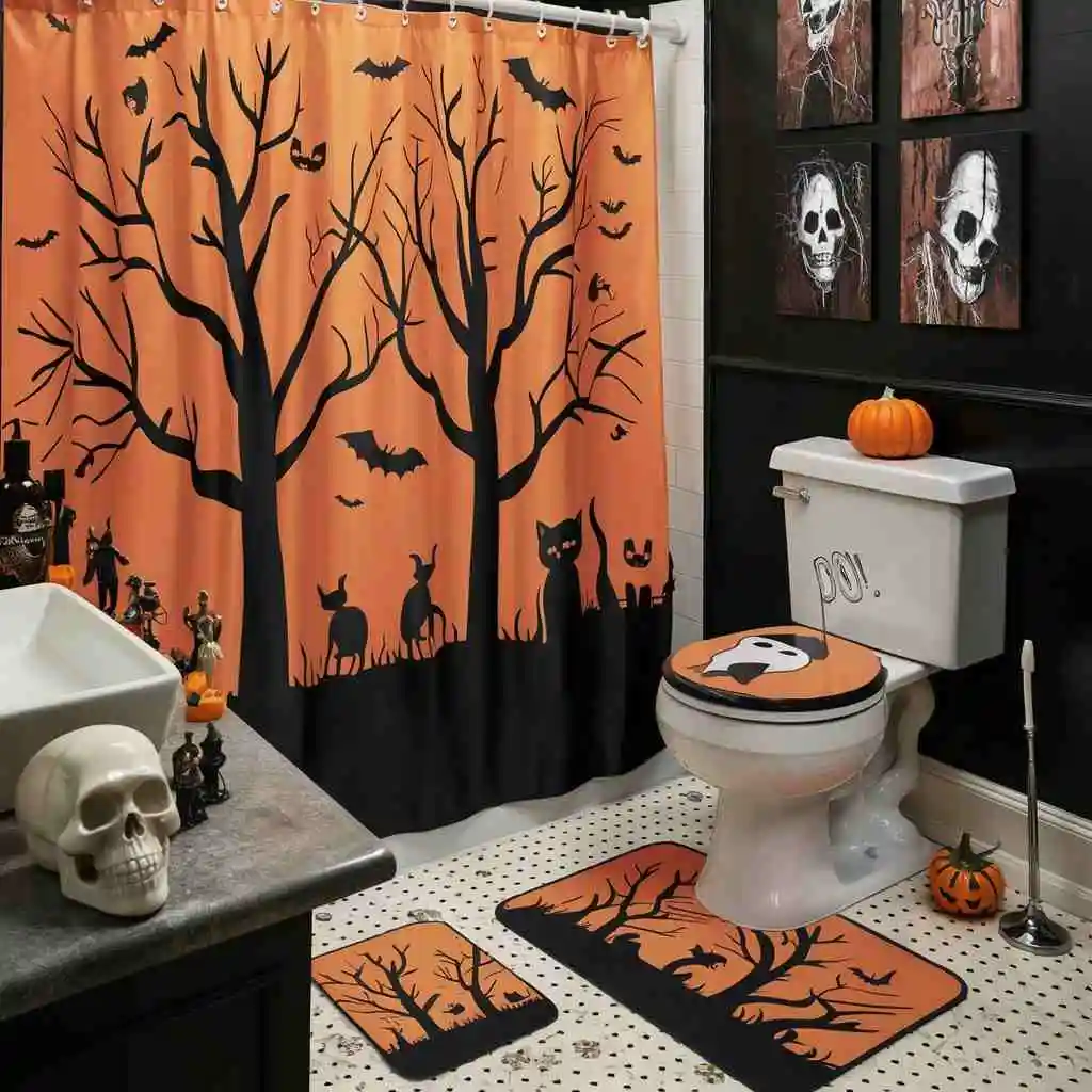 black and orange shower curtain Halloween bathroom decor