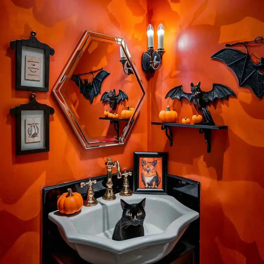 cat corner Halloween bathroom decor