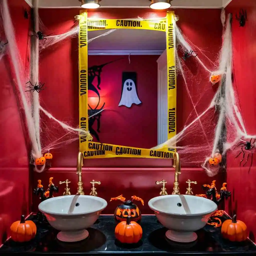 red bathroom with framed mirror in yellow cation taper Halloween bathroom decor