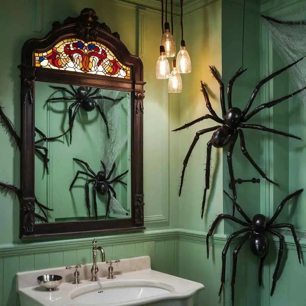 spider crawling on the wall near the sink Halloween bathroom decor ideas