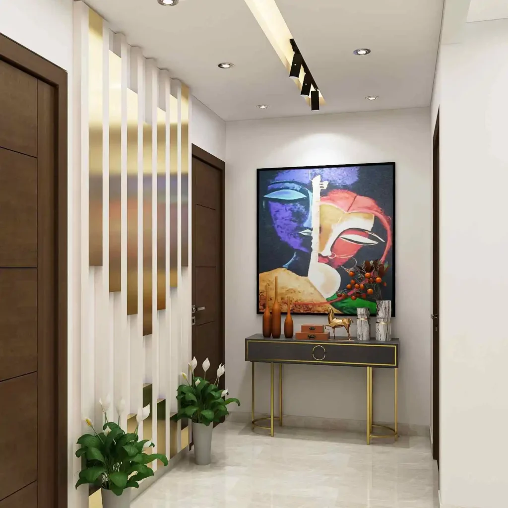 Wooden Tones with Golden Accent flat entrance lobby design