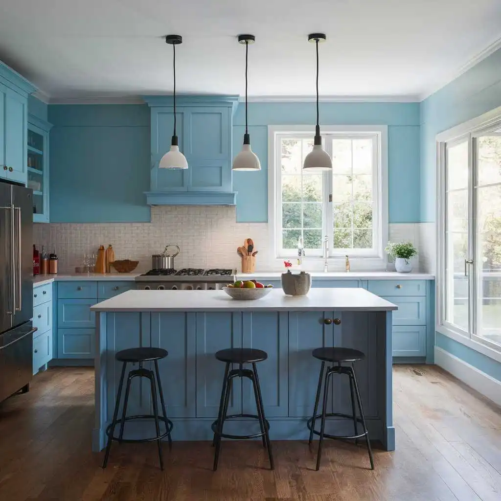 a sky blue ight and airy kitchen design color