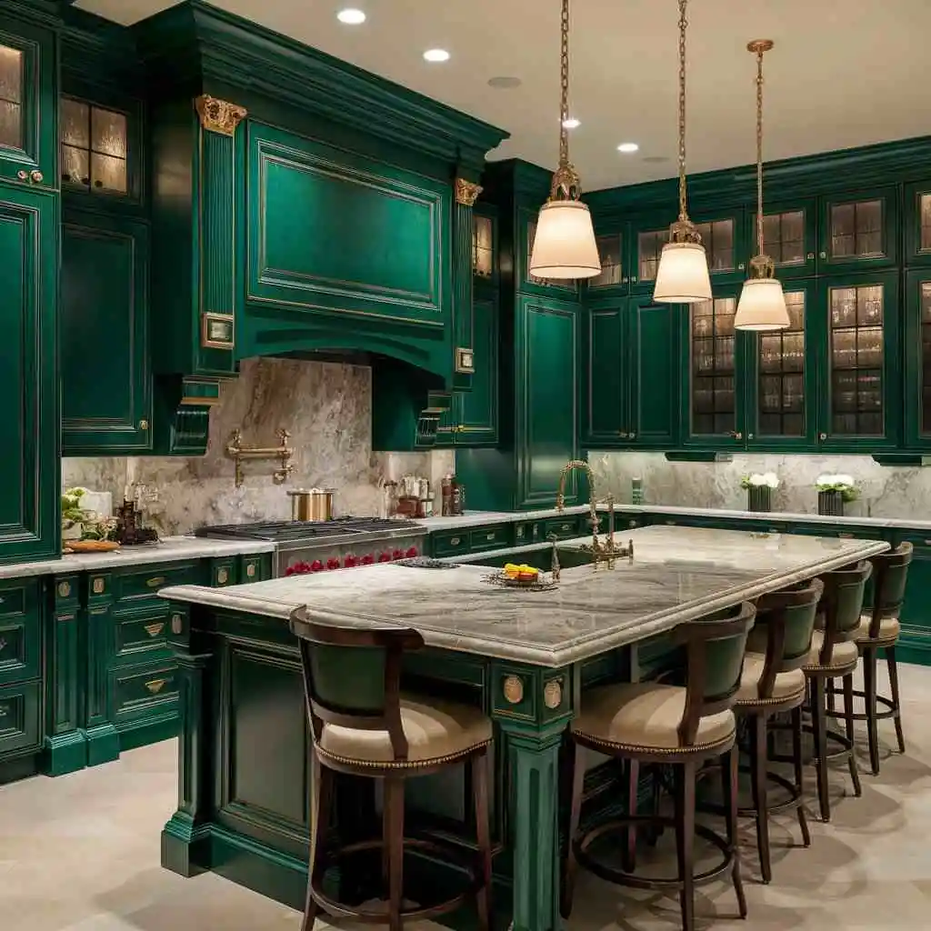 a striking opulent emerald green kitchen design color