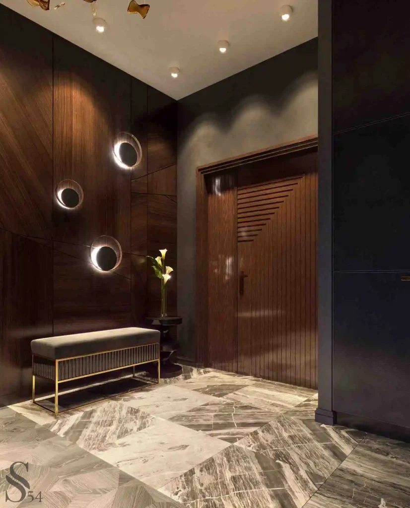 dark wood panels flat entrance lobby design