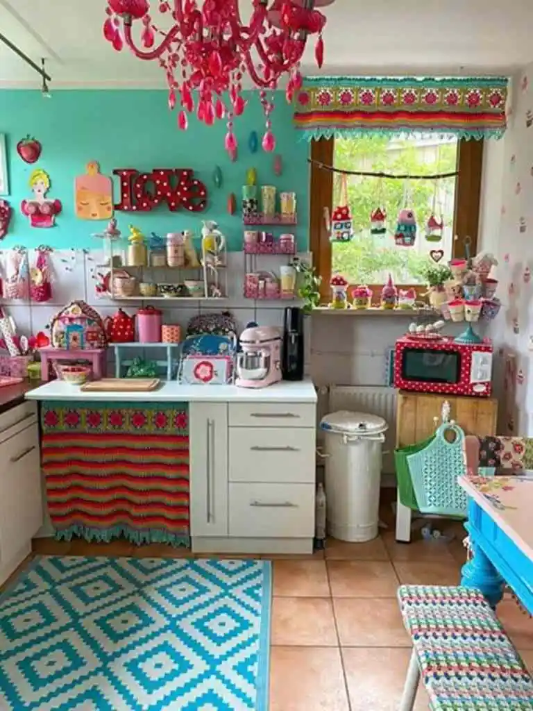 embroidered teal retro kitschy kitchen inspiration