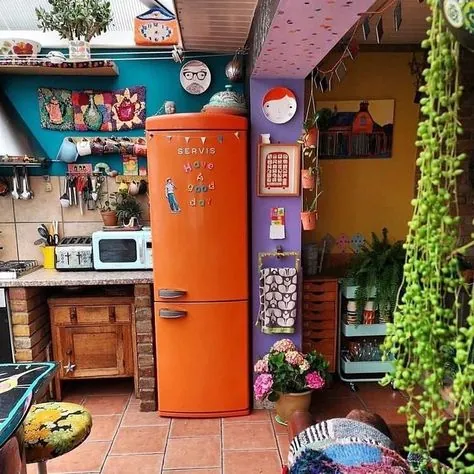 orange fridge kitschy kitchen