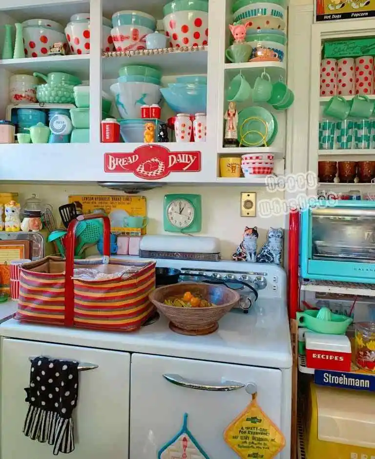 retro vintage dishes in cabinet kitschy kitchen