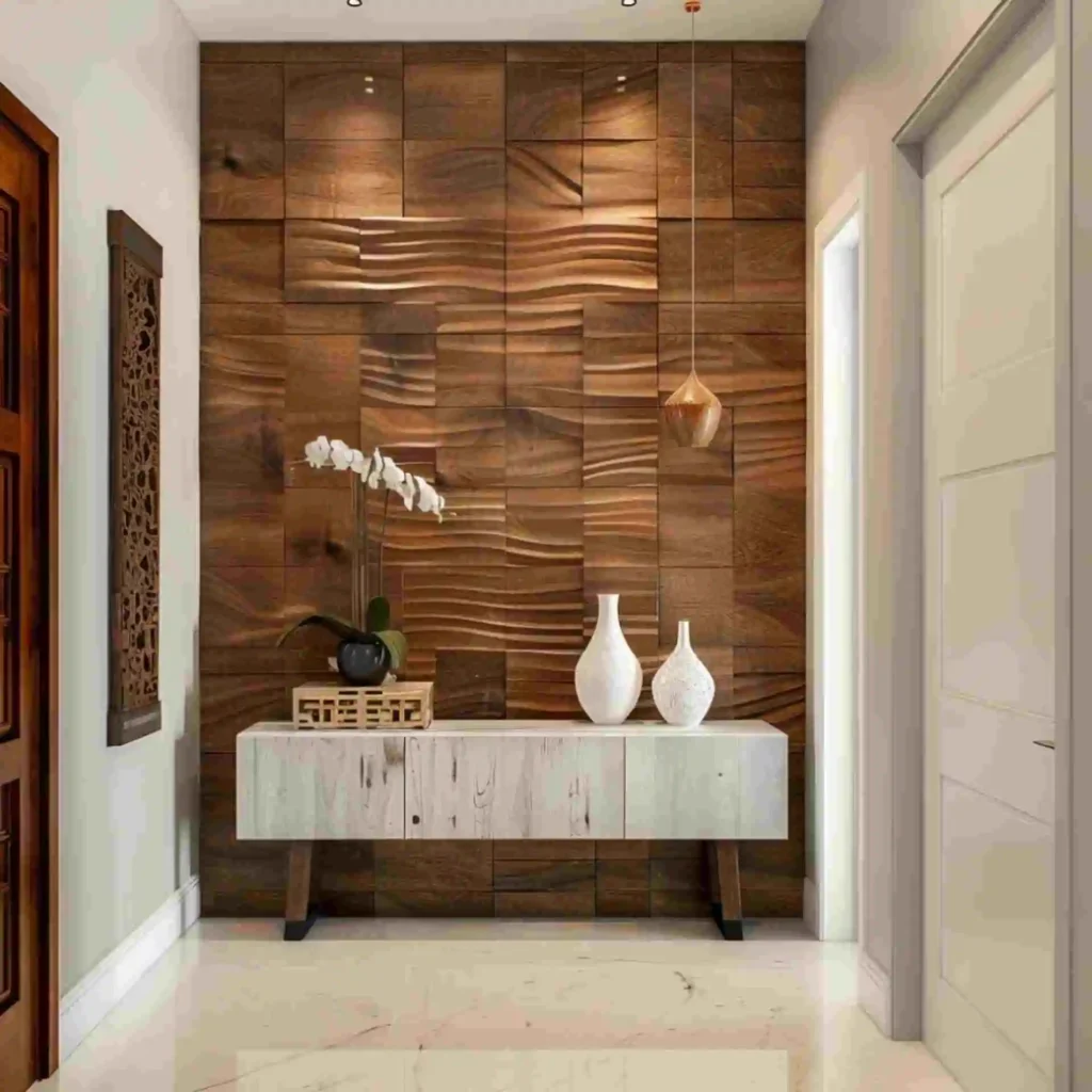 textured wooden wall flat entrance lobby design