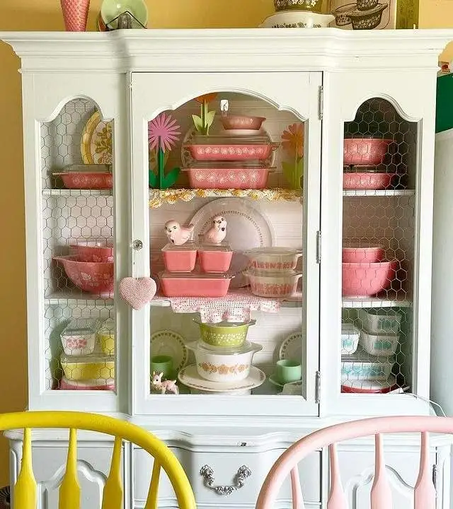 vintage collection in showcase kitschy kitchen decor