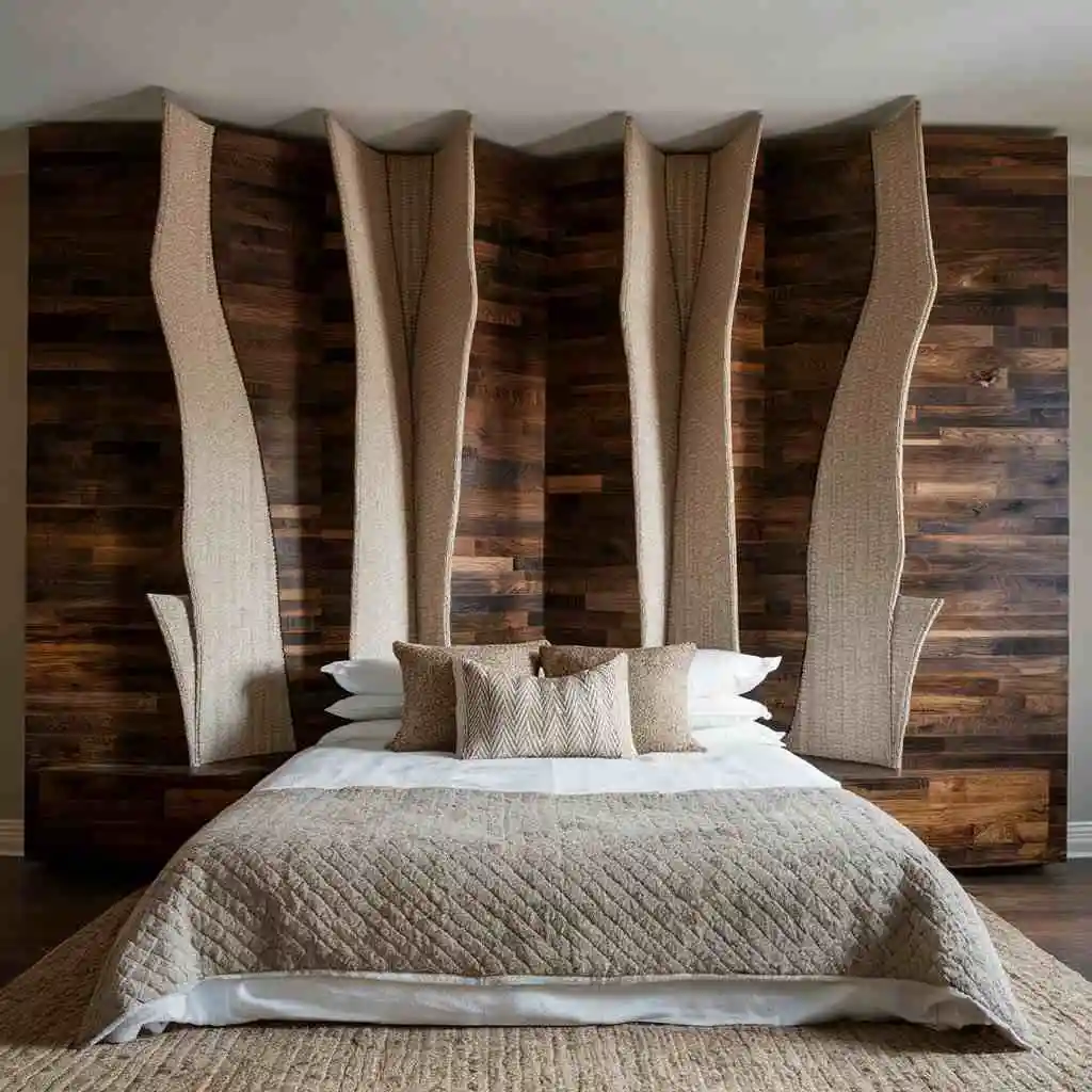 wood and woven fabric bed headboard designs