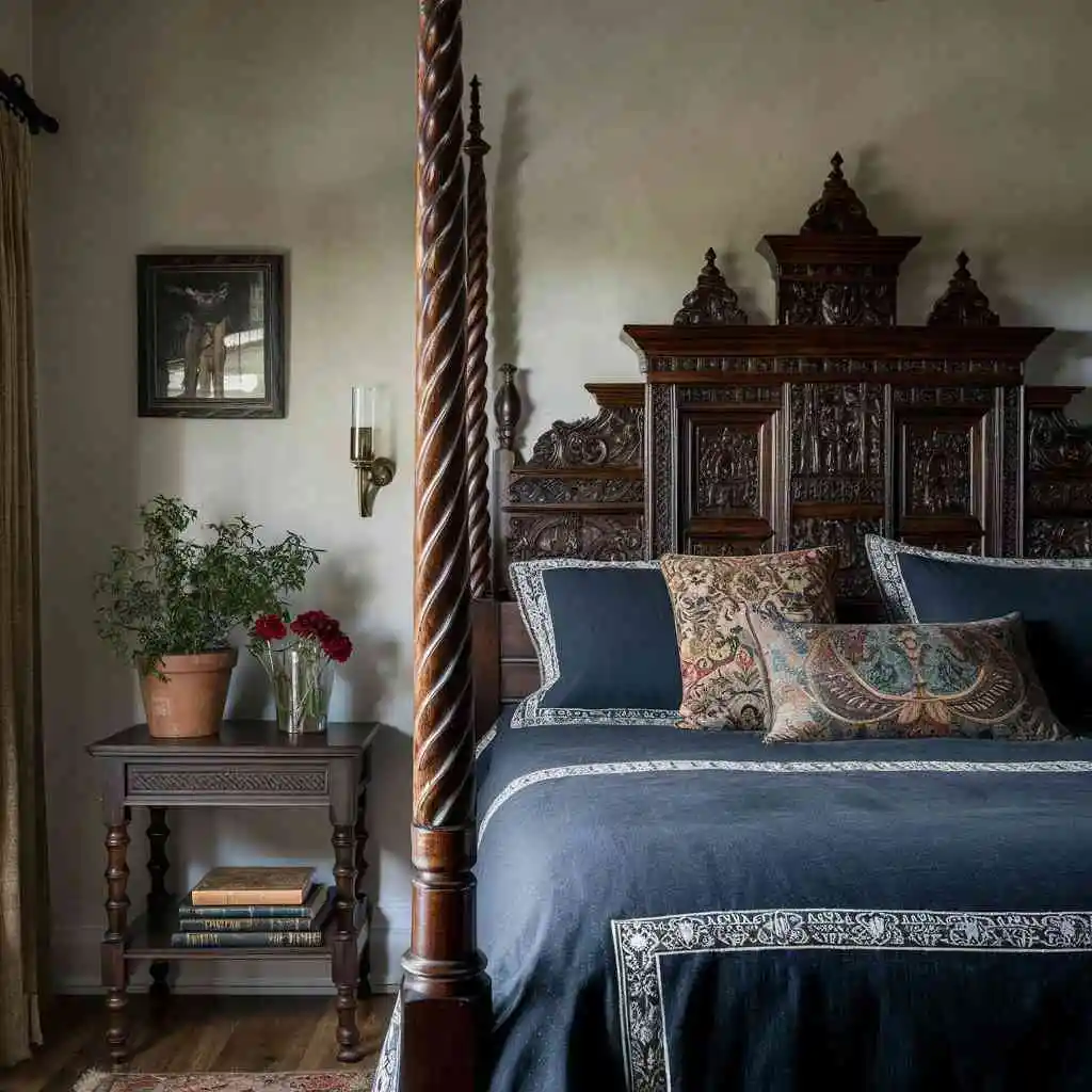 18th-century Portuguese Bilros bed in small bedroom