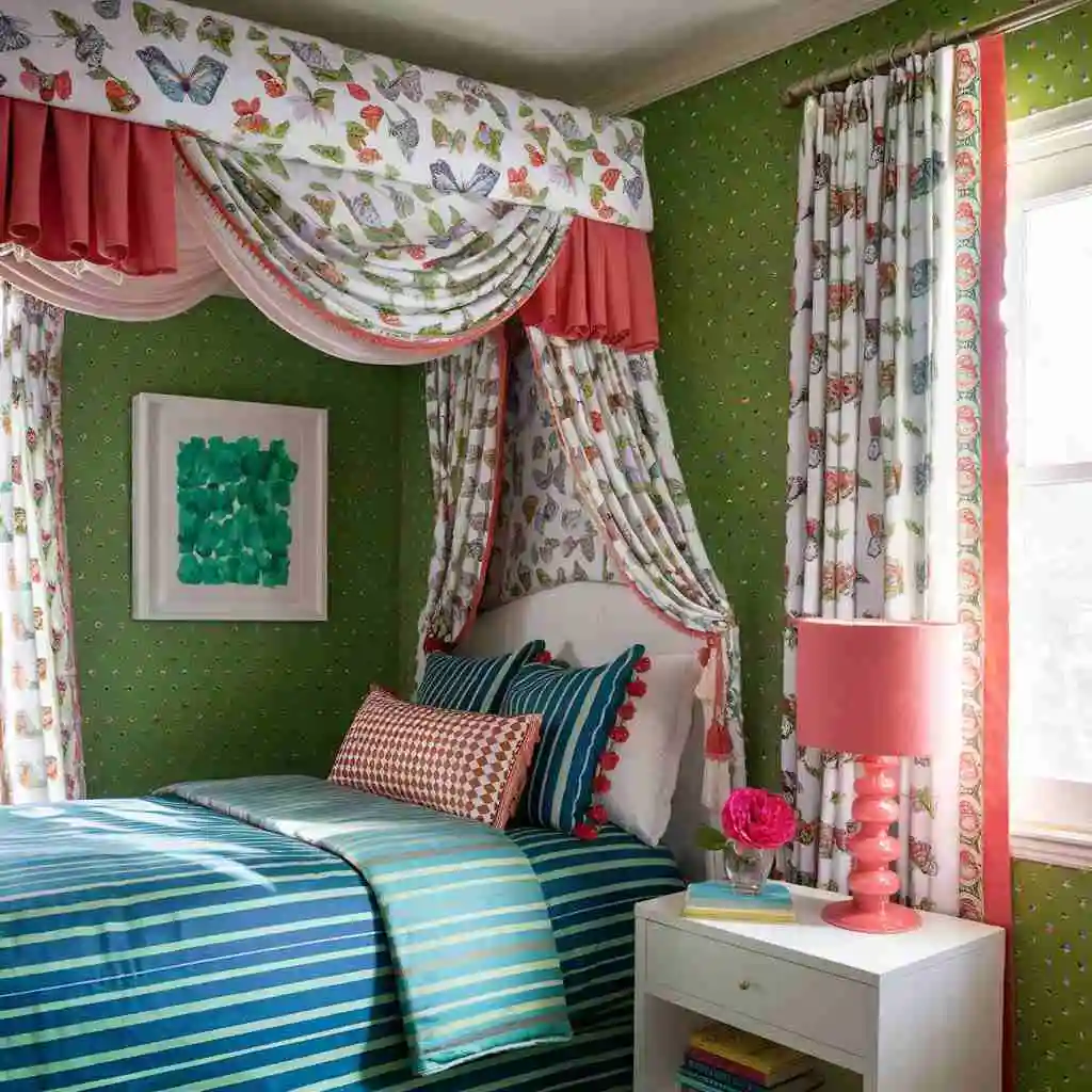 a small bedroom with green walls and canopy bed