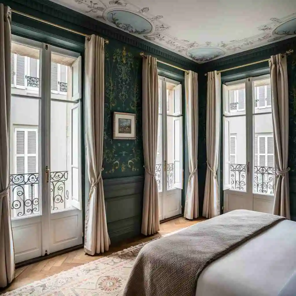 a well decorated bedroom with white crisp ceiling and green walls