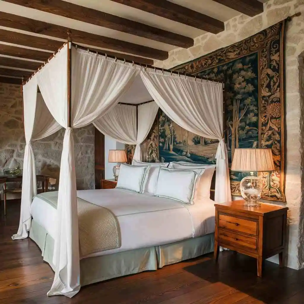 an exquisite bedroom with a canopy bed and tapestry