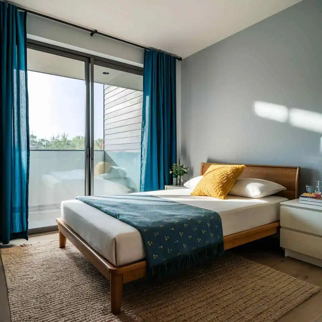 bright sky blue cool white warm oak bedroom