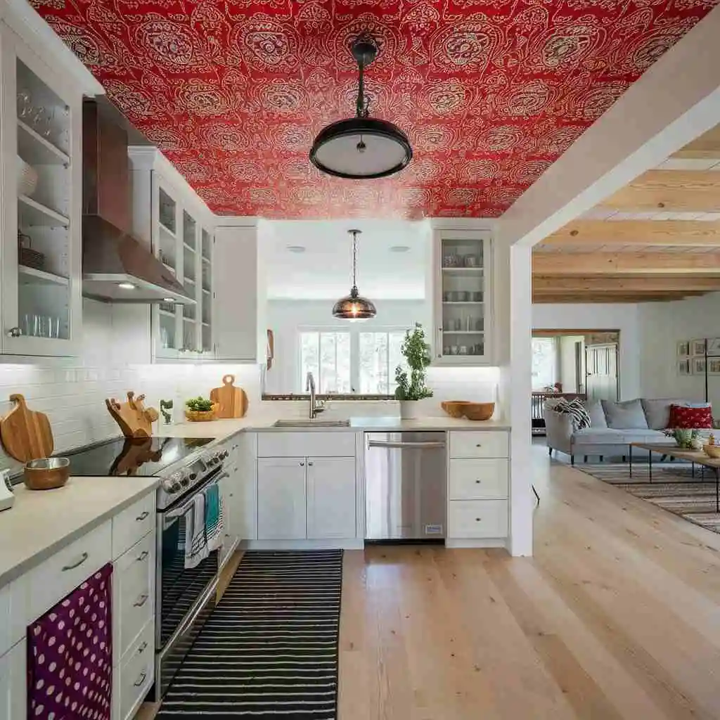 ceiling features vibrant red wallpaper kitchen design color