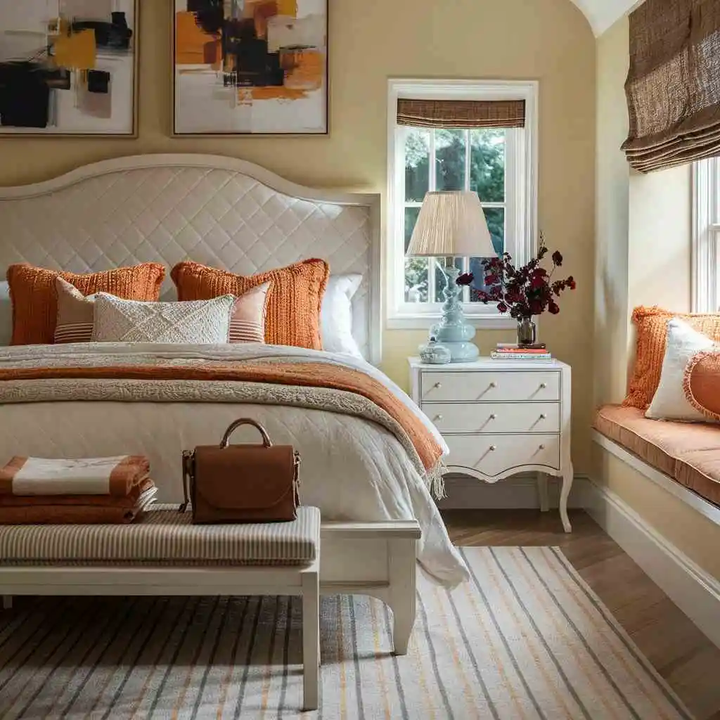 coral orange aqua blue latte white bedroom