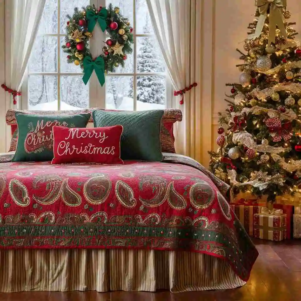 go for the temporary maximalist christmas bedroom decor