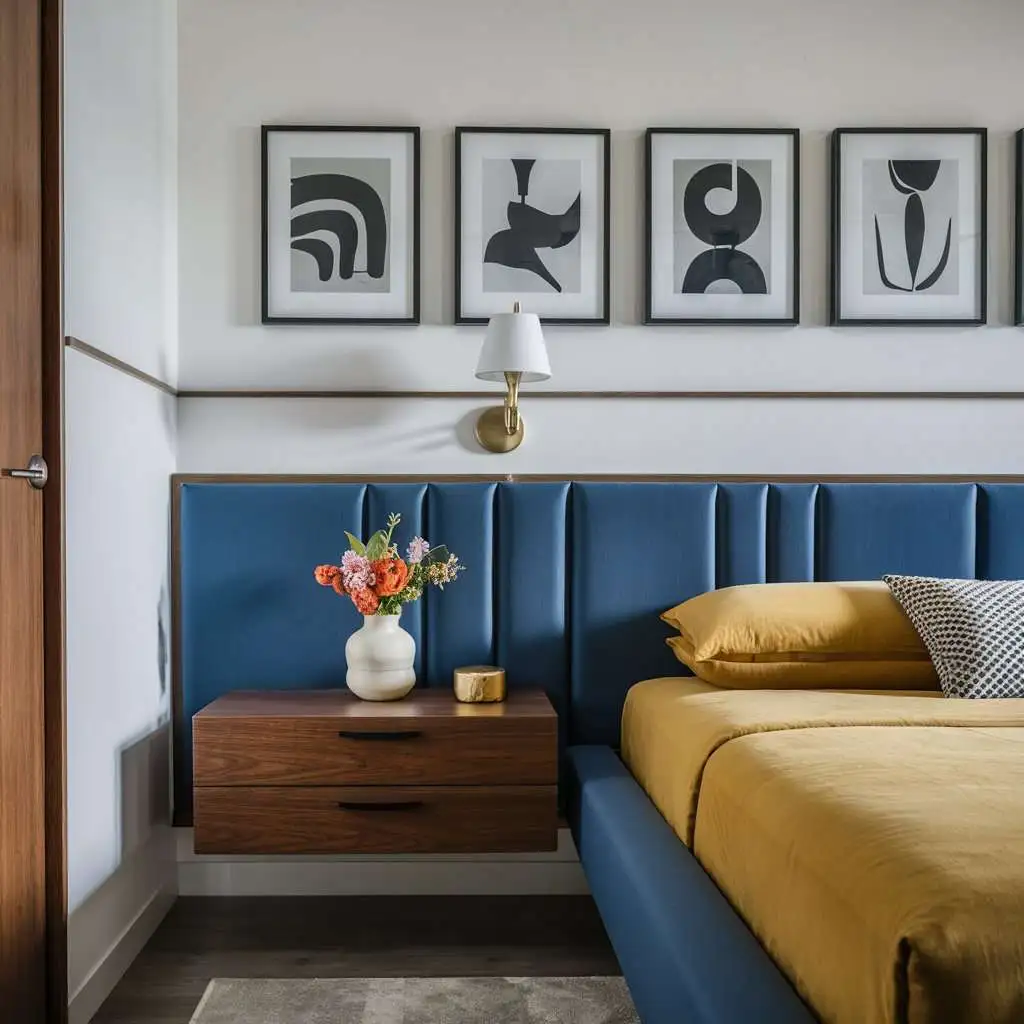 small bedroom with neutral wall and blue headboard